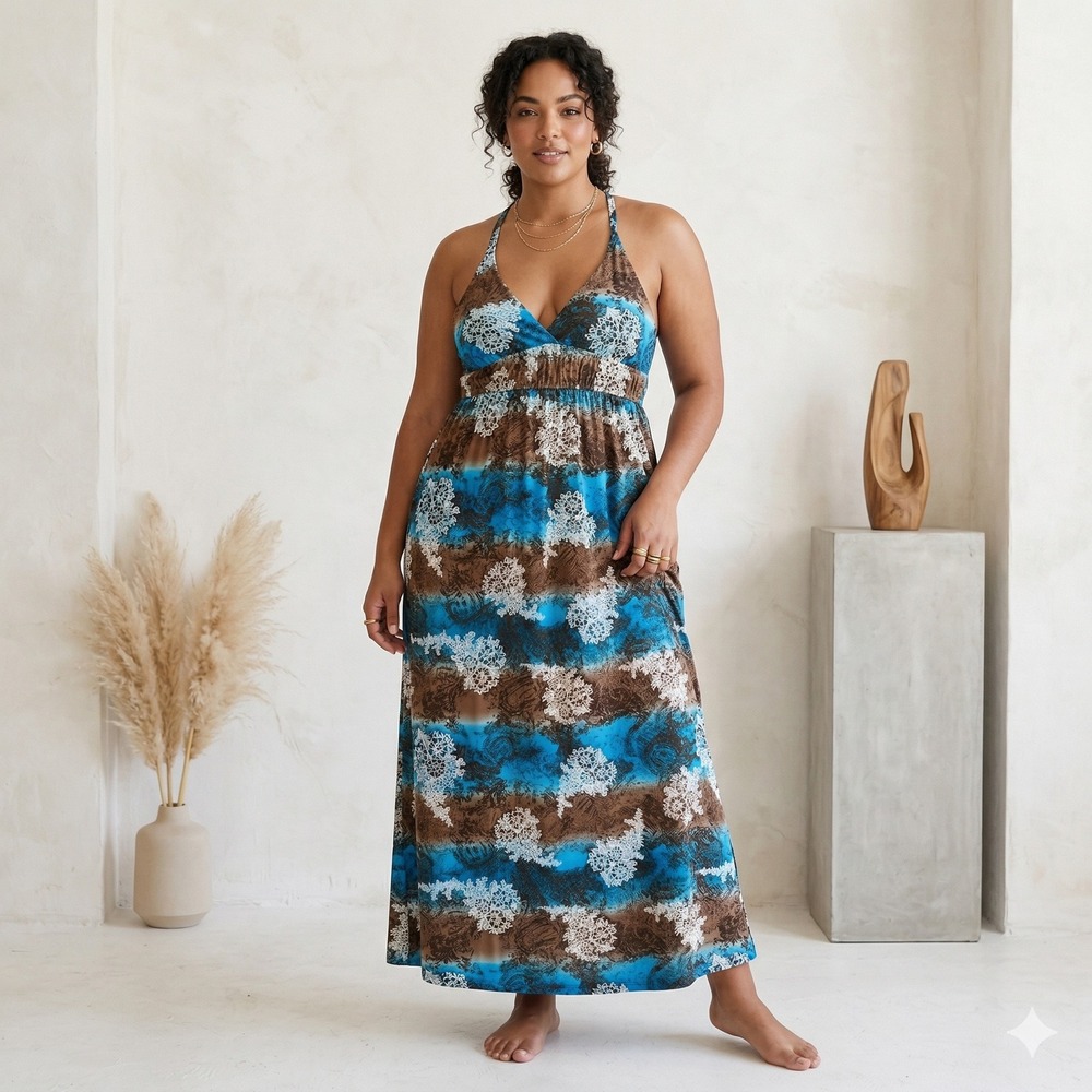 Lapis XL Boho Maxi Dress Blue Brown Abstract Paisley Empire Waist Racerback